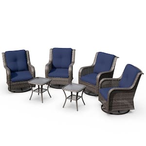 6-Piece Wicker Patio Conversation Set Swivel Rocking Chairs with Blue Cushions