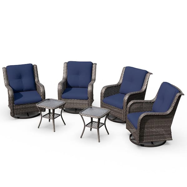 6-Piece Swivel Wicker Patio Conversation Set Rocking Chairs with Blue Cushions