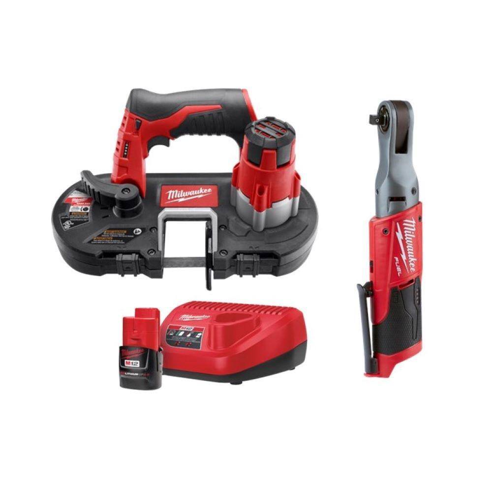 Milwaukee M12 12V Lithium-Ion Cordless Sub-Compact Band Saw and 3/8 in.  Ratchet Combo Kit W/ (1) 2.0Ah Battery and Charger 2429-20-2557-20-48-59-2420  The Home Depot