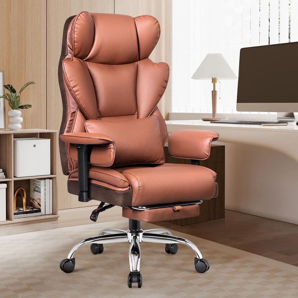 PU Leather Cushioned Ergonomic Office Chair in Brown with Adjustable Armrests and Backrest, Telescopic Foot Pedals