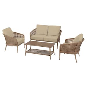 Coral Vista 4-Piece Brown Wicker and Steel Patio Conversation Seating Set with CushionGuard Putty Tan Cushions