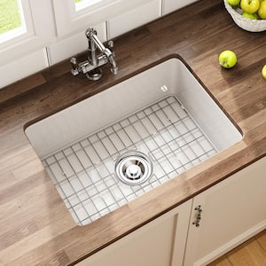 Undermount Fireclay 27 in. Single Bowl Kitchen Sink, with Grid and Strainer in White