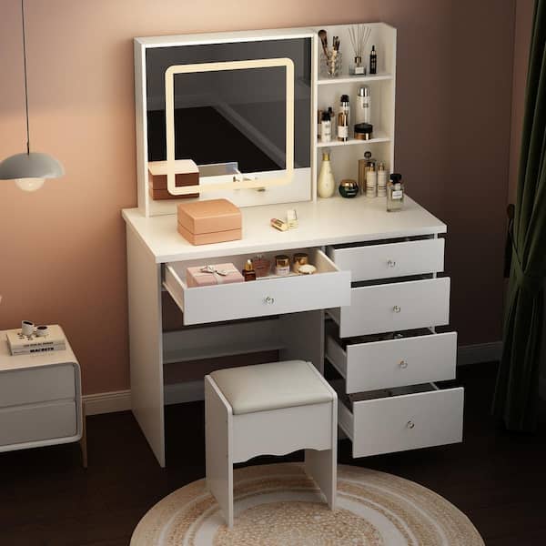 FUFU&GAGA 5-Drawers White Makeup Vanity Sets Dressing Table Sets with LED Dimmable Mirror, Stool and Storage Shelves