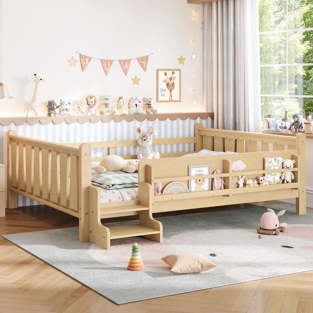 Light Natural Brown Wood Frame Queen Size Platform Bed with Storage Bookcases, Cute Stairs and Guardrails