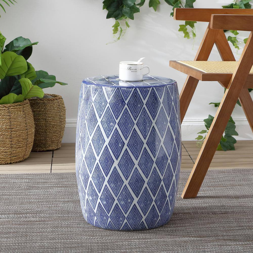 Blue and White Ceramic Diamond Drum Garden Stool