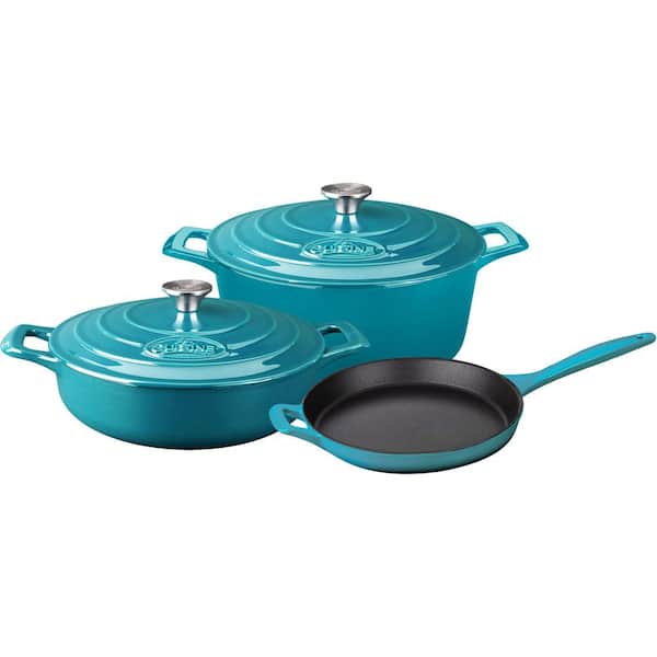 La Cuisine 5-Piece Enameled Cast Iron Cookware Set with Saute, Skillet and Round Casserole in High Gloss Teal