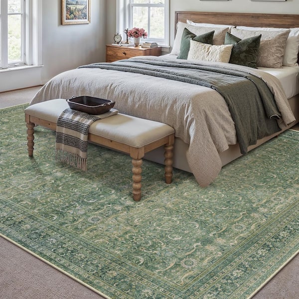 Phuket Island Greeen 9 ft. x 12 ft.  Distressed Vintage Floral Area Rug