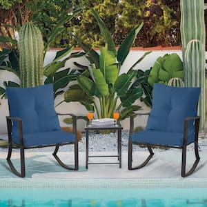 3-Piece Rocking Metal Outdoor Bistro Set with Glass Coffee Table and Blue Cushions for Garden, Balcony, Pool, Backyard