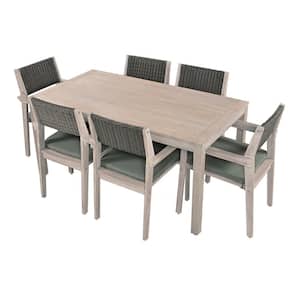 7-Piece Acacia Wood Outdoor Dining Set with Rattan Backrest and Grayish Green Cushions (6-Person Seat)