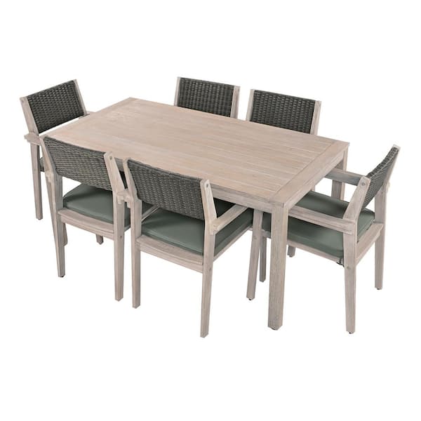 Unbranded 7-Piece Acacia Wood Outdoor Dining Set with Rattan Backrest and Grayish Green Cushions (6-Person Seat)