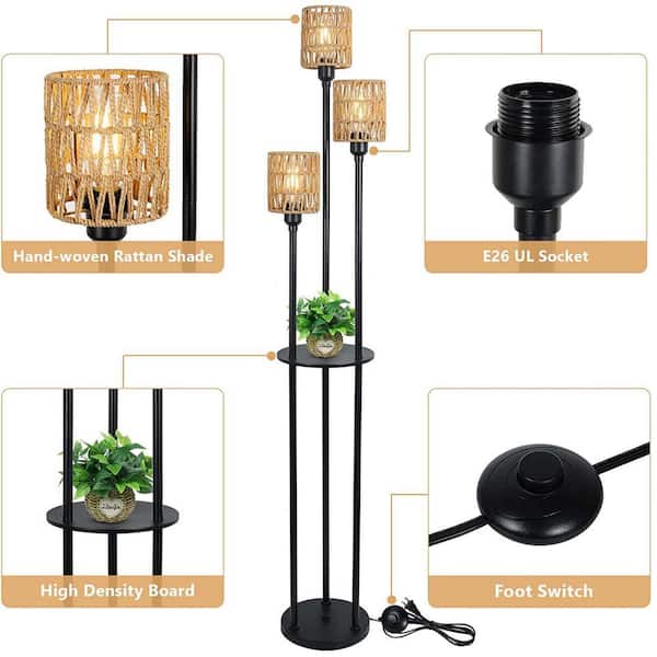 Floor Lamp For Living Room – 67.5″ Tall, 3-Color Temperature (3000K/4500K/6000K), Linen Shade, Pull Chain Switch, 9W Bulb Included – Black