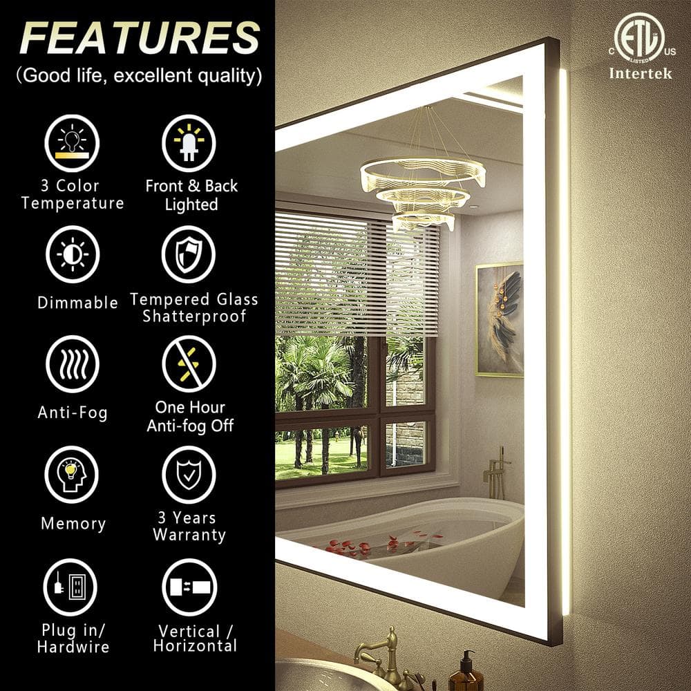 Matte Black LED Lighted Anti-Fog Tempered Glass Vanity Mirror, 60" x 28"