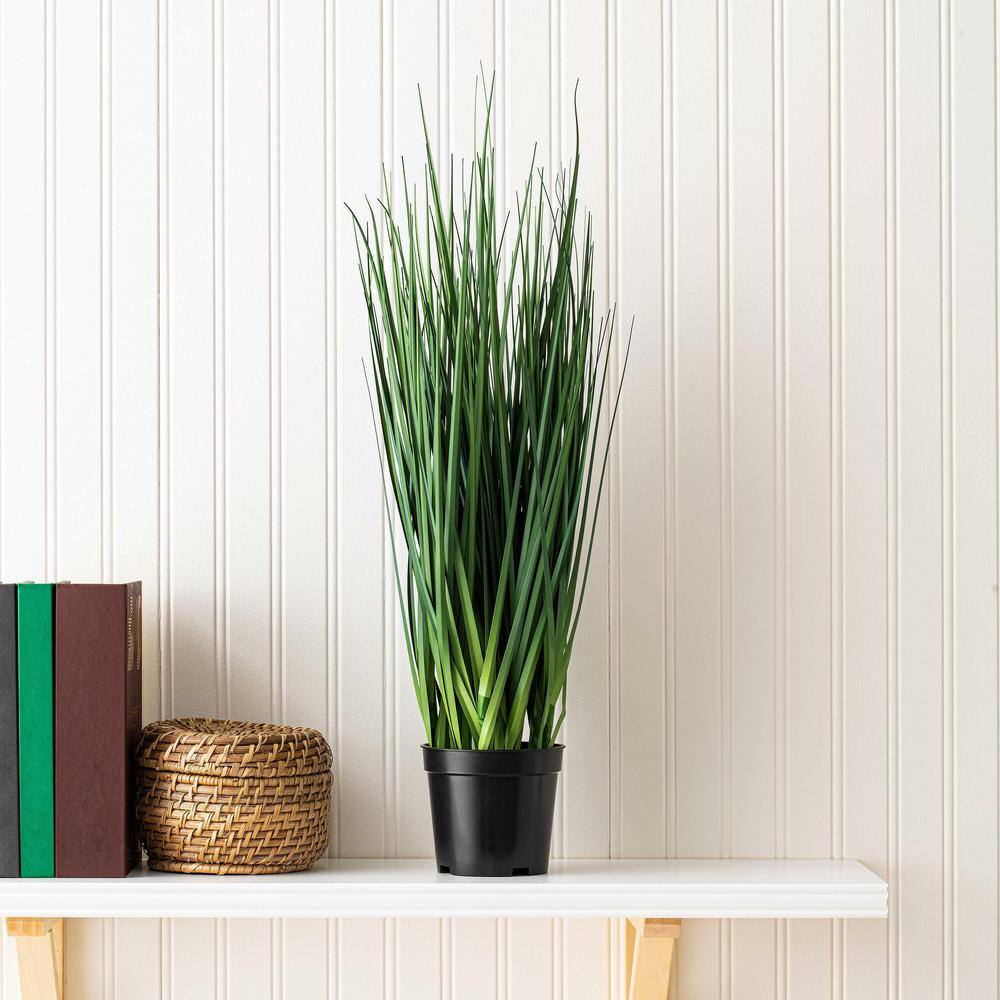 Tiny Green Faux Grass Arrangement in Black Plastic Pot
