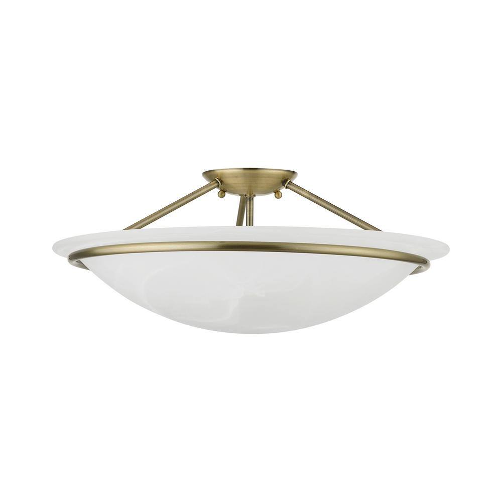 Antique Brass 3-Light Semi-Flush Mount with Alabaster Glass