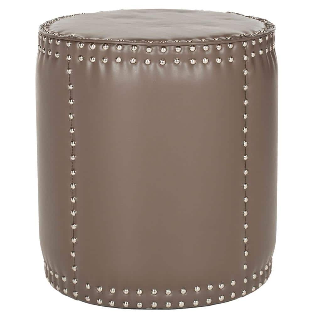 Clay Gray Bi-Cast Leather Round Ottoman with Brass Nailhead Trim