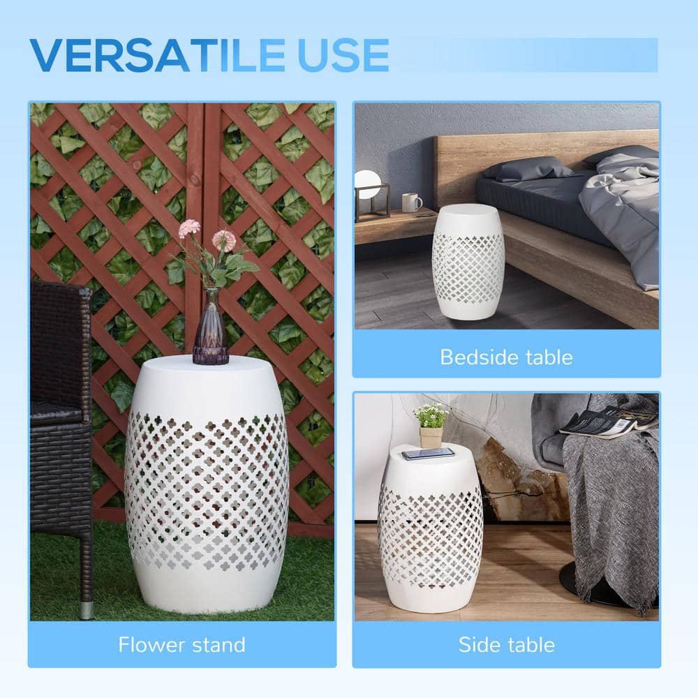 White Steel Round Patio End Table with Hollow Drum Design