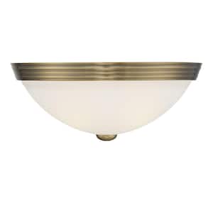 13 in. W x 5 in. H 2-Light Warm Brass Flush Mount Ceiling Light with White Etched Glass Diffuser