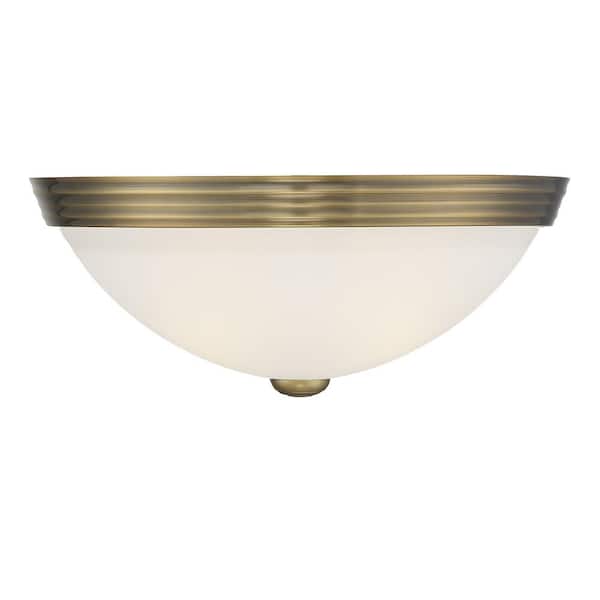 Savoy House 13 in. W x 5 in. H 2-Light Warm Brass Flush Mount Ceiling Light with White Etched Glass Diffuser