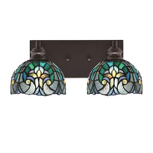 Albany 15.75 in. 2-Light Espresso Vanity Light with Turquoise Cypress Art Glass Shades