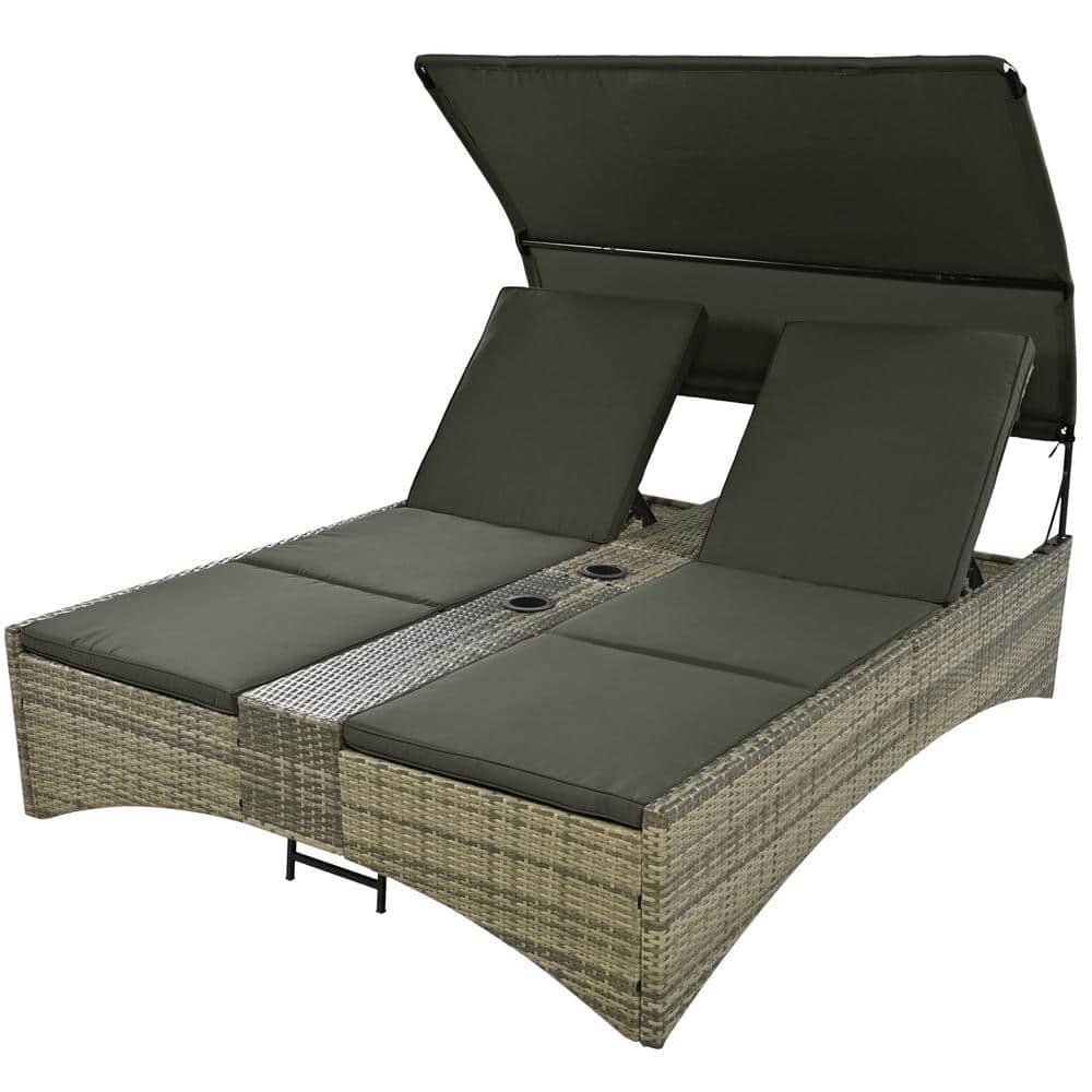 Wicker Outdoor Day Bed with Shelter Roof, Storage Box and 2-Cup Holders, Ad