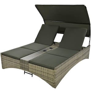 Wicker Outdoor Day Bed with Shelter Roof, Storage Box and 2-Cup Holders, Adjustable Backrest, Gray Cushions