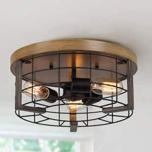 14 in. 3-Light Black Drum Flush Mount Industrial Caged Ceiling Light Fixture with Faux Wood Accents