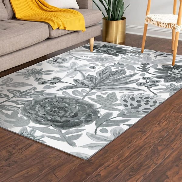 Floral Bloom Grey Indoor Machine Washable 5 ft. x 7 ft. Living Room Entrance Hallway Bedroom Den Kitchen Dining Area Rug