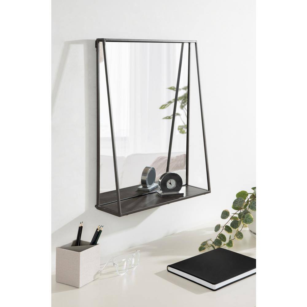 Charcoal Rectangular Metal Wall Mirror with Functional Shelf