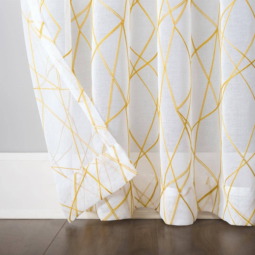 Gold Geometric Embroidery Semi-Sheer Rod Pocket Curtain Panel