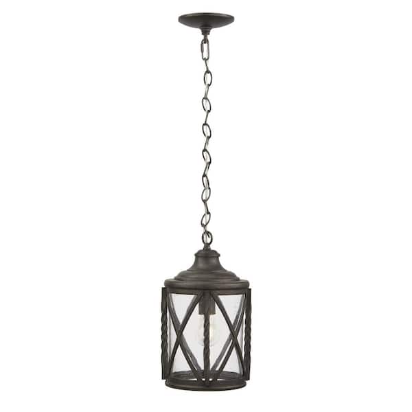 Home Decorators Collection Walcott Manor 14.12 in. 1-Light Antique Pewter Transitional Outdoor Hanging Light Pendant Light with Clear Seeded Glass