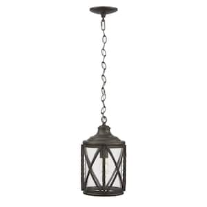 Walcott Manor 14.12 in. 1-Light Antique Pewter Outdoor Transitional Pendant Light with Clear Seeded Glass