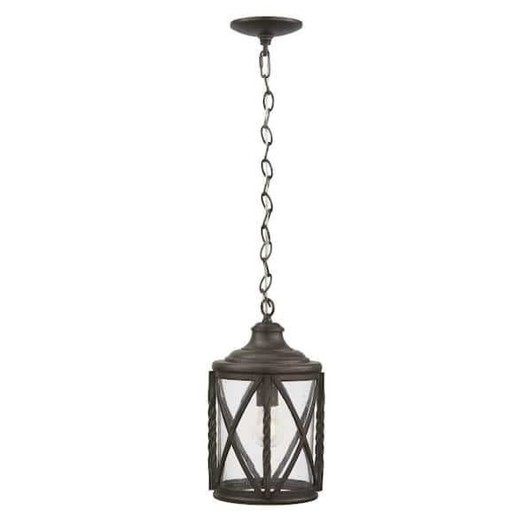 Home Decorators Collection Walcott Manor 14.12 in. 1-Light Antique Pewter Outdoor Transitional Pendant Light with Clear Seeded Glass