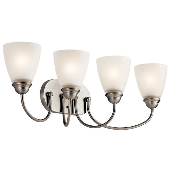 Jolie 28 in. 4-Light Brushed Nickel Transitional Bathroom Vanity Light with Satin Etched Glass