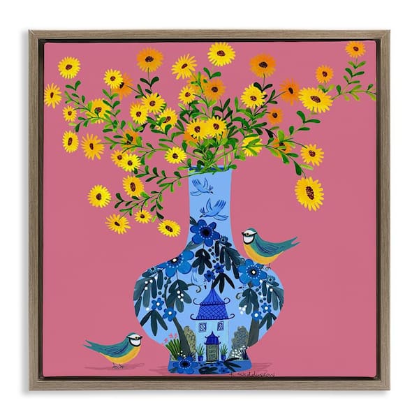 Stupell Industries Ornate Vase with Daisies by Kay Widdowson Brown Floater Frame Nature Graphic Art Print 18 in. x 18 in.
