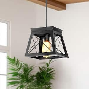 1-Light Matte Black Lantern Pendant Light, Industrial Farmhouse Basket Chandelier for Bedroom and Kitchen