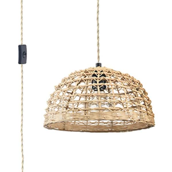 Dimmable Boho Natural Rattan Finish Plug in Pendant Light Rattan Hanging Light with Plug in Cord