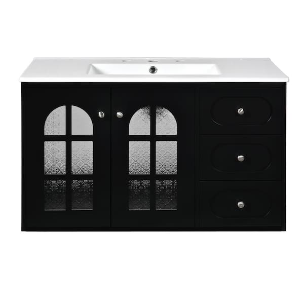 36 in. Single Sink Wall-Mounted Black Bath Vanity with White Ceramic Top Unassembled