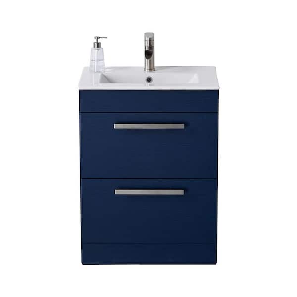 VAPSINT 24 in. W x 15 in. D x 32 in. H 2-Drawers Bathroom Vanity in Blue with White Ceramic Sink