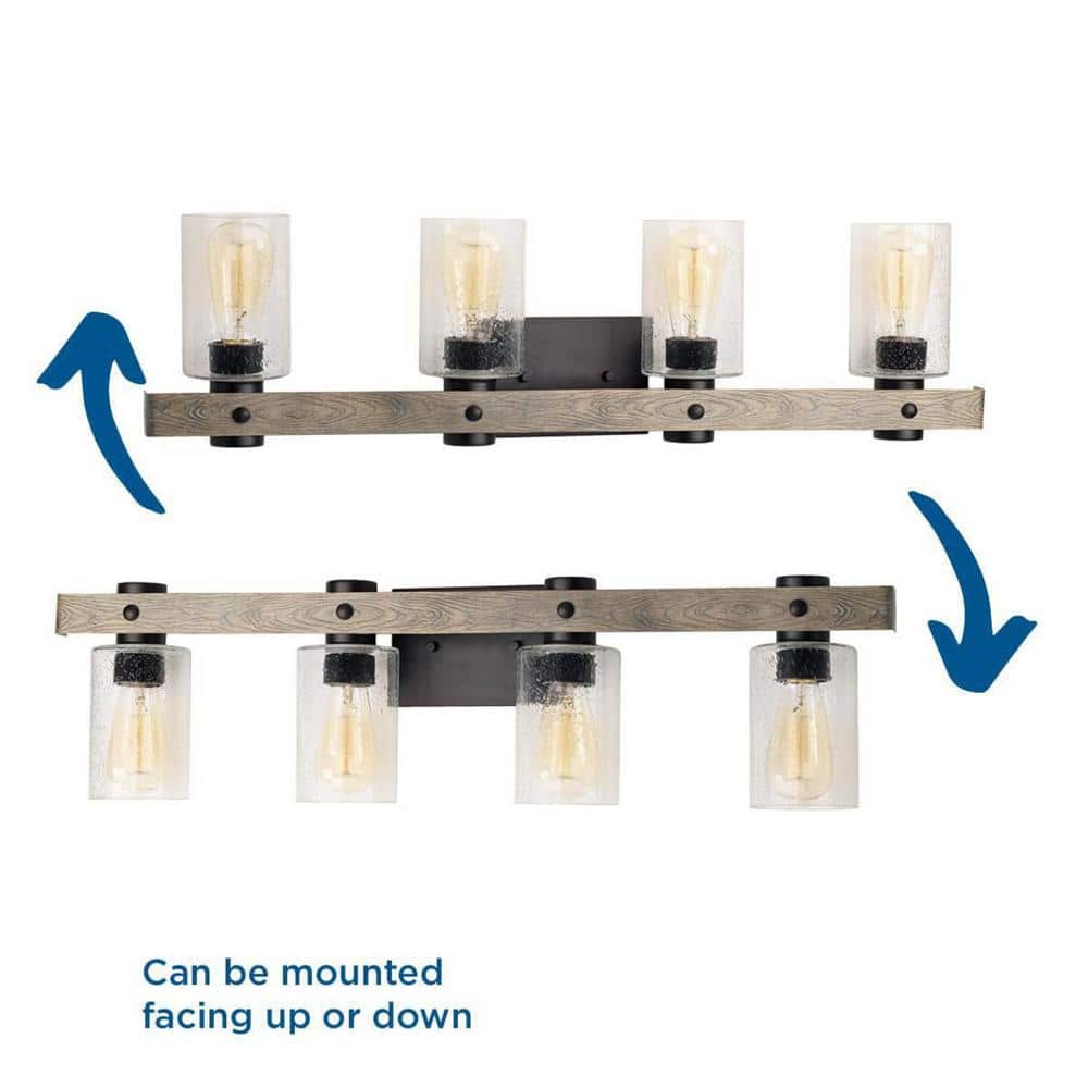 Graphite and Wood 4-Light Bath Vanity Fixture with Clear Seeded Shades