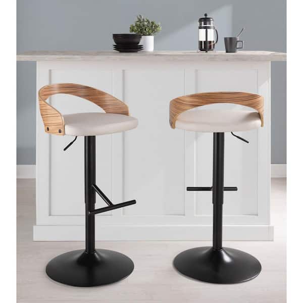 Grotto 39 in. White Faux Leather, Zebra Wood and Black Metal Adjustable Bar Stool with Straight T Footrest (Set of 2)