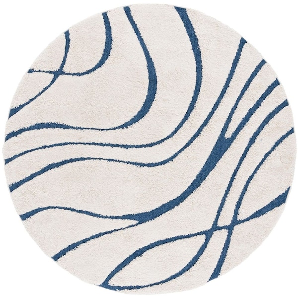 Florida Shag 12 ft. x 12 ft. Cream/Blue Wave Round Rug