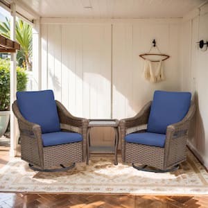 Nyajiah 3-Piece Wicker Patio Conversation Seating Set with Blue Cushions