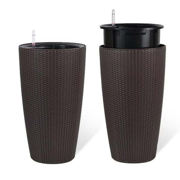 23 in. H Plastic Rattan Planter Set with Self-Watering System In Brown (2-Packs)