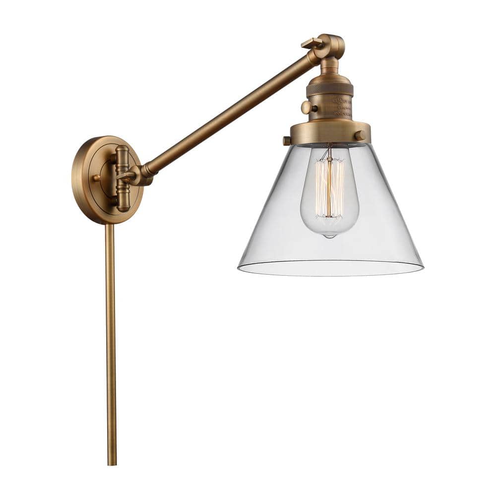 Innovations Franklin Restoration Cone 8 in. 1-Light Brushed Brass Wall Sconce with Clear Glass Shade with On/Off Turn Switch -  237-BB-G42