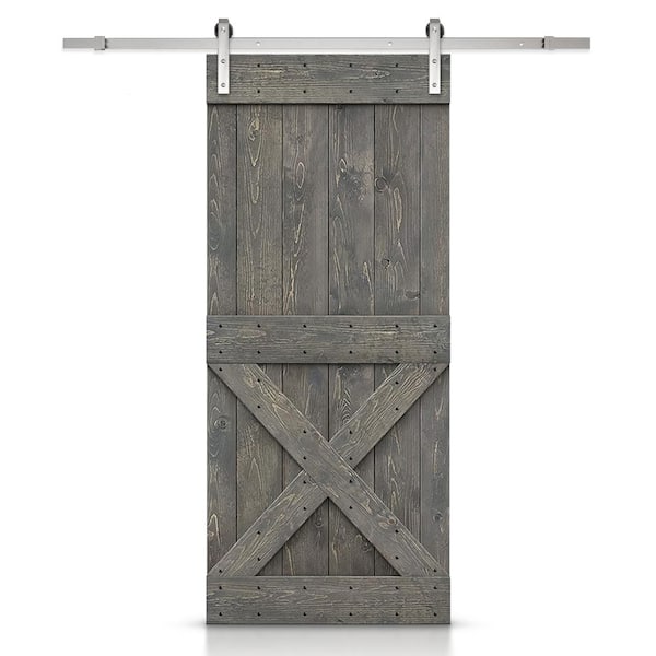 CALHOME Mini X Series 36 in. x 84 in. Solid Weather Gray Stained DIY Pine Wood Interior Sliding Barn Door with Hardware Kit