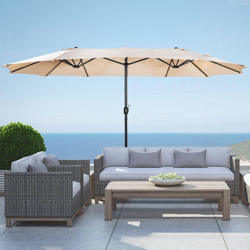 Beige 15 ft Double-Sided Outdoor Patio Umbrella with Steel Pole
