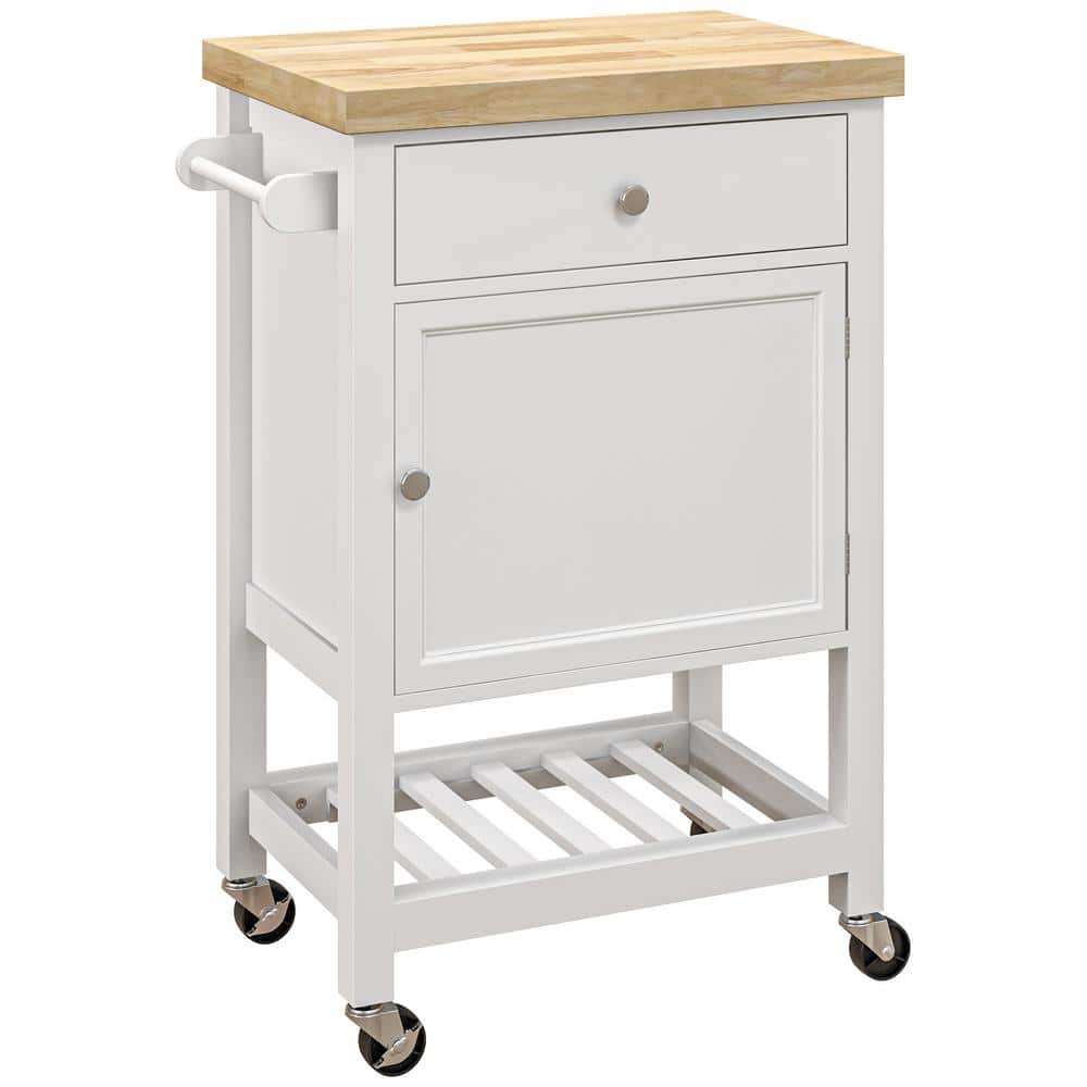 HOMCOM White Rubberwood Kitchen Cart with Drawer and Storage Cabinet