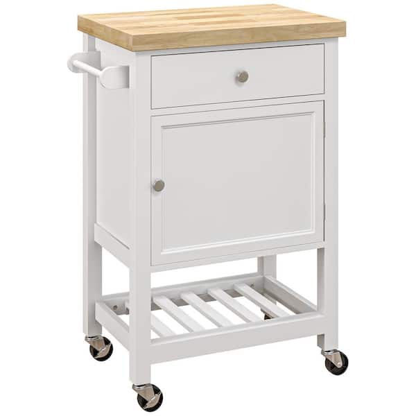 HOMCOM White Rubberwood Kitchen Cart with Drawer and Storage Cabinet