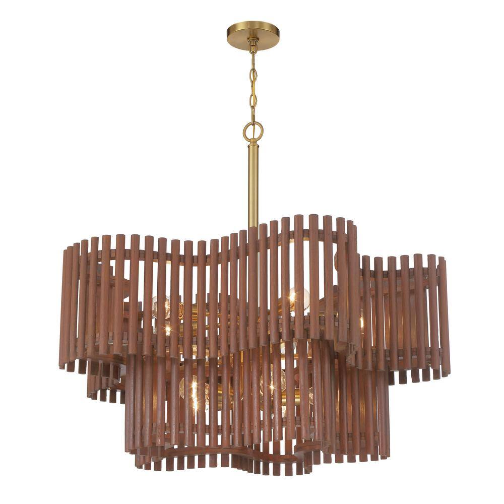 Satin Brass and Walnut 10-Light Wooden Chandelier
