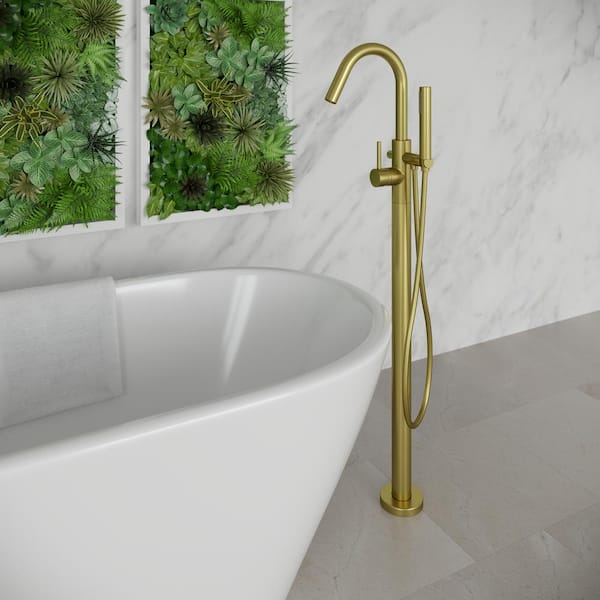 Modern Single-Handle Freestanding Tub Filler in Brushed Gold